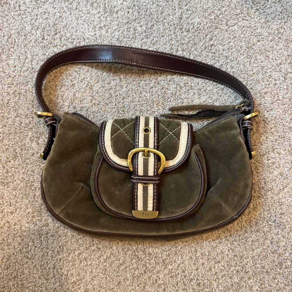 Tommy Hilfiger Vintage Y2K Olive Green Canvas Buckle Shoulder Bag Baguette